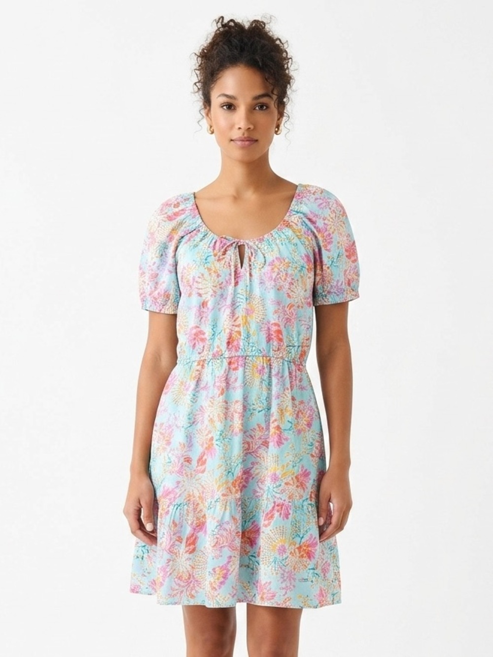 Stella Parker Tiered V-Neck Mini Dress in Aqua Floral
